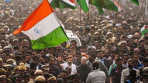 Congress leader Rahul Gandhi with supporters during the party's 'Bharat Jodo Yatra', at Yamuna Vihar, in east Delhi, Tuesday, Jan. 3, 2023. The Bharat Jodo Yatra resumed in Delhi on Tuesday after a nine-day break for Christmas and New Year.