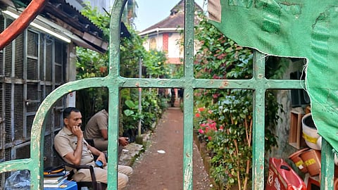 Police personnel posted at the historic Kadavumbhagam Synagogue on Market Road in Kochi after the alleged arson attack on October 12, 2026.