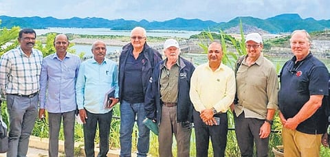 International experts inspecting the ongoing construction of the Earth-Cum-Rock-Fill (ECRF) dam at the Polavaram Irrigation Project on Friday.