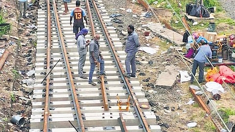 Tracks being fitted with thick web switches to enhance the speed of the trains to 
130 kmph at Pallavaram railway station  