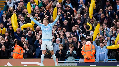 Manchester City's Erling Haaland celebrates after scoring his side's second goal during the English Premier League soccer match between Manchester City and Ipswich Town, in Manchester, England, Saturday, Oct.17, 2026.
