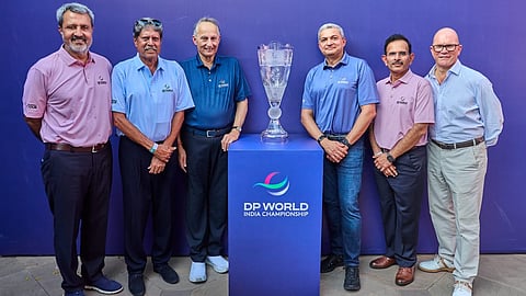 (L–R) Amandeep Johl, CEO of the DP World PGTI; Kapil Dev, President of the DP World PGTI; Yuvraj Narayan, Group Chief Executive Officer of DP World; Rizwan Soomar, CEO & Managing Director for DP World's Subcontinent, Central Asia, Levant and Egypt region; Hemant Kumar Ruia, Country Manager, Subcontinent (India), DP World; and Guy Kinnings, Chief Executive Officer, European Tour group, at the 2026 DP World India Championship, Delhi Golf Club