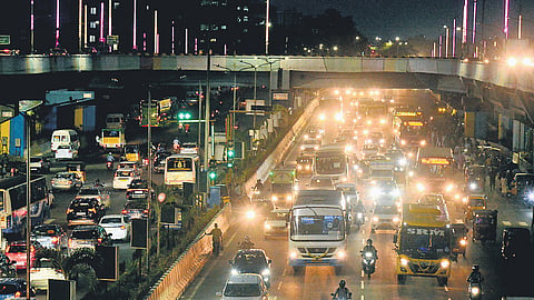 Slow-moving traffic near Perungalathur on Saturday night with people leaving for their native places ahead of the Ayudha Puja holidays 