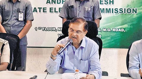 SEC Anil Chandra Punetha addressing a press conference in Vijayawada.