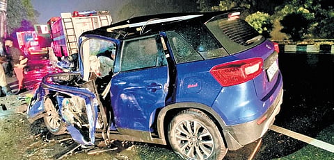 Mangled remains of the car at the accident spot near Vikravandi on Sunday 