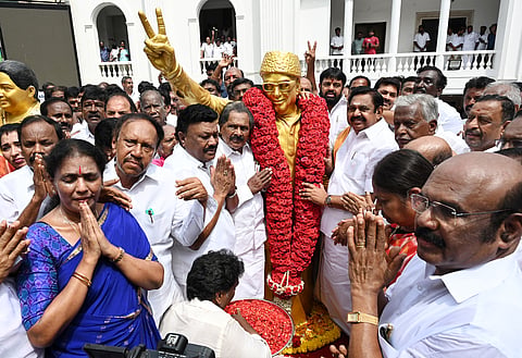 Edappadi K Palaniswami and other AIADMK members marking the party’s 55th Foundation Day in Chennai on Saturday.