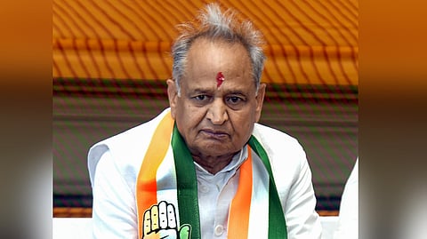 In this photo from Oct. 13, 2026, Congress leader and former Rajasthan Chief Minister Ashok Gehlot addresses a press conference in Bikaner.