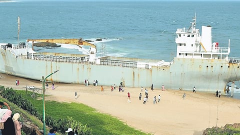 The grounded  cargo vessel MV Maa near Tenneti Park in Visakhapatnam.