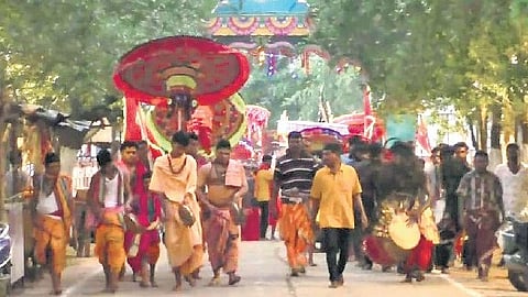 Servitors of Maa Bhairabi temple carrying out the traditional procession as part of Shodasha Upachara Puja rituals.