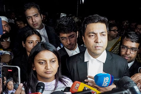 Cockroach Janta Party (CJP) Legal Affairs Head Ratna Singh along with defense lawyers addresses the media outside the Mandir Marg police station regarding the legal proceedings and judicial custody of party leaders Saurav Das and Ashutosh Ranka, in New Delhi, Monday, Oct. 19, 2026.