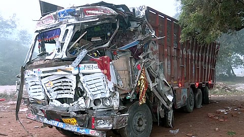 Visual of the crushed truck which ran over several people near Sheetla Mata Mandir, in Gwalior on Sunday, Oct. 18, 2026.