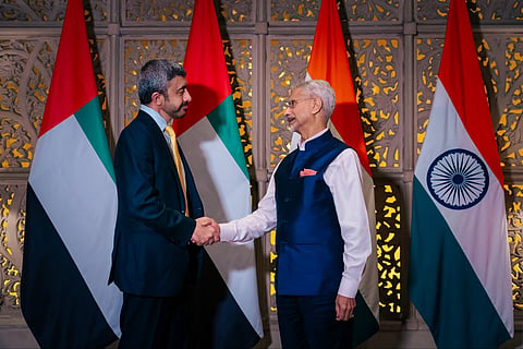 Union External Affairs Minister S Jaishankar welcomes UAE Deputy Prime Minister and Foreign Minister Sheikh Abdullah bin Zayed Al Nahyan, in Mumbai, Maharashtra.