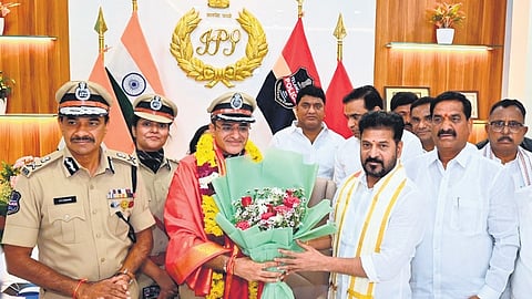 CM A Revanth Reddy with Future City Police Commissioner Dr Tarun Joshi and others after inaugurating the commissionerate.