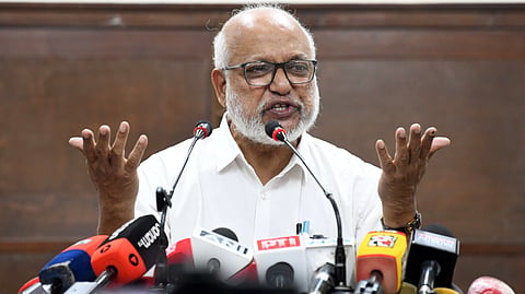 CPI(M) General Secretary MA Baby addresses a press conference at the party office in New Delhi, May 25, 2026.