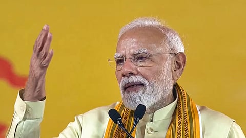 Prime Minister Narendra Modi speaks during the Vijaya Dashami celebrations organized by the Shri Ramlila Committee Indraprastha at IP Extension, in New Delhi. 