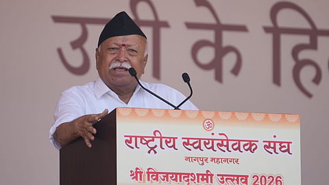 Mohan Bhagwat addressing the RSS centenary Vijayadashami Utsav in Nagpur.