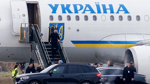 Ukrainian President Volodymyr Zelenskyy lands at Oslo Airport, Norway, Tuesday, Oct. 20, 2026.
