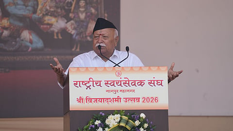 Mohan Bhagwat addressing the RSS centenary Vijayadashami Utsav in Nagpur.