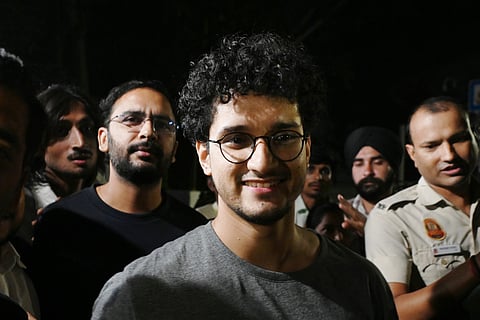 CJP leaders Saurav Das and Ashutosh Ranka come out of Tihar Jail after the SEM Court ordered their release in New Delhi on Wednesday.