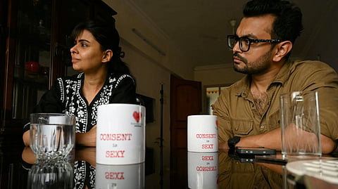 This photograph taken on September 16, 2026 shows actors Priti M (L) and Dev Surana taking part in a mock intimacy workshop led by intimacy director and BraveSpaces Creative India founder Neha Vyaso for an upcoming project in Mumbai.
