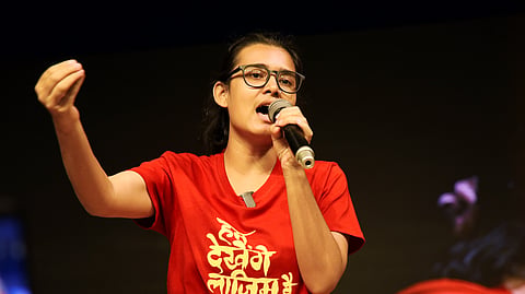In this file photo from Aug. 28, 2026, All India Students' Association (AISA) National President Neha Bora speaks at an event in Nagpur.