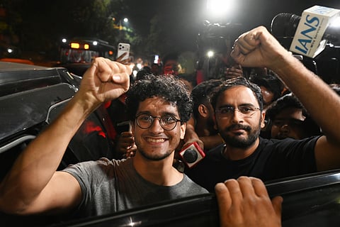 CJP leaders Saurav Das and Ashutosh Ranka come out of Tihar Jail after the SEM Court ordered their release in New Delhi on Wednesday.