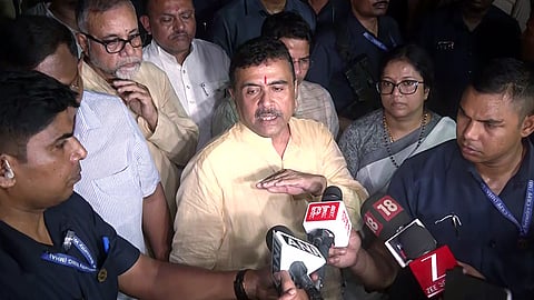 West Bengal Chief Minister Suvendu Adhikari speaks to the media on the Chorbagan Durga Puja pandal stampede in Kolkata, Oct. 18, 2026.