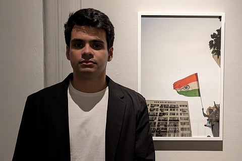 Artist and Photographer Raihan Vadra, son of Congress leader Priyanka Gandhi Vadra, with one of his photographs at Bikaner House, in New Delhi, Wednesday, Oct. 21, 2026. 