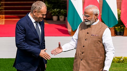 Prime Minister Narendra Modi with Poland's Prime Minister Donald Tusk before a bilateral meeting, at the Hyderabad House in New Delhi, Thursday, Oct. 22, 2026.