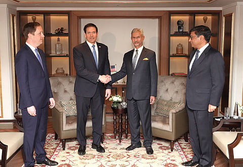 External Affairs Minister S. Jaishankar shakes hands with US Secretary of State Marco Rubio in the presence of Foreign Secretary Vikram Misri, right, and US Ambassador to India Sergio Gor, left, during a bilateral meeting, in Mumbai. 