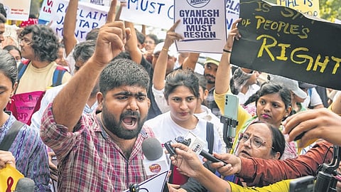 Demonstrators shout slogans during an anti-CEC stir in New Delhi on Oct 17 