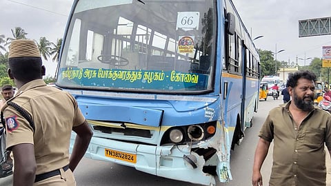 The bus veered and struck two two-wheelers, a person standing by the roadside, and an autorickshaw.