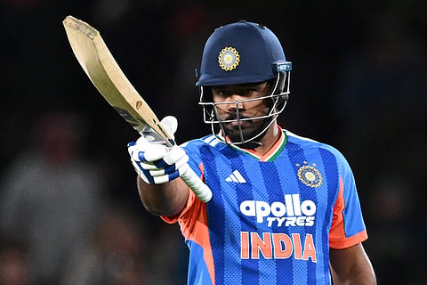 Sanju Samson celebrates his fifty against New Zealand