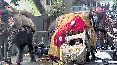 The silver howdah fell off from elephant Somanna when it panicked and ran just after the procession was flagged off, in Shivamogga on Wednesday.
