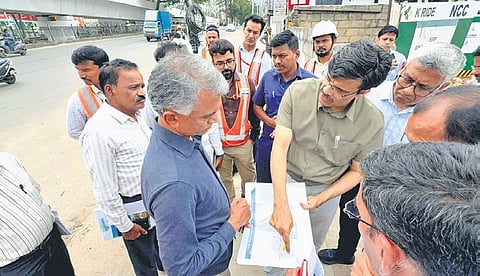 Officials brief Bengaluru Development Minister Krishna Byre Gowda on the progress of Blue Line work on Thursday | Express