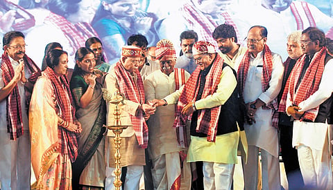 Bandaru Dattatreya with Telangana Governor Shiv Pratap Shukla and others at the Alai Balai programme in Hyderabad on Thursday.