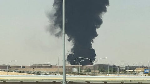 Large plume of black smoke rises from the fuel storage area at King Khalid International Airport, in Riyadh, Saudi Arabia, September 19, 2026. Picture taken with a mobile phone.