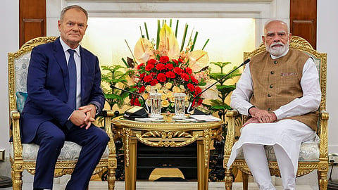  Prime Minister Narendra Modi during a bilateral meeting with his Polish counterpart Donald Tusk at the Hyderabad House, in New Delhi.