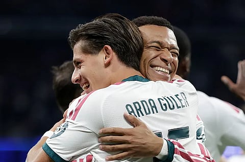 Arda Guler and Kylian Mbappe of Real Madrid celebrate during the UEFA Champions League match against RB Leipzig at the Santiago Bernabeu stadium in Madrid, Spain, on October 21, 2026 