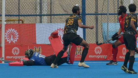 RSPB Indian Railway Lovepreet Singh scoring a goal against Indian Army during the 97th All India MCC -Murugappa Gold Cup Hockey Tornament at the Mayor Radhakrishnan Stadium in Chennai on Friday. 