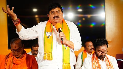 BJP state chief N Ramchander Rao speaks during the preparatory meeting for the upcoming MLC elections at the party office in Hyderabad.