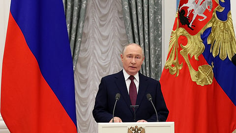 Russian President Vladimir Putin delivers a speech at an event in Kremli, Moscow, Thursday, Oct. 22, 2026.