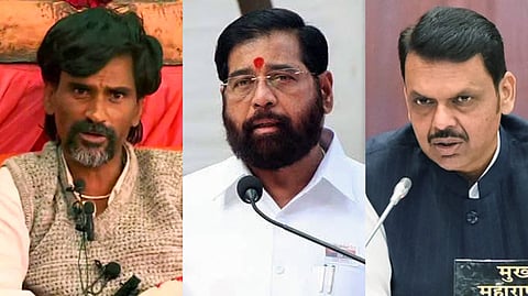 Maratha quota activist Manoj Jarange (L), Deputy CM Eknath Shinde (C) and Maharashtra Chief Minister Devendra Fadnavis (R).