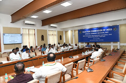Tamil Nadu Chief Electoral Officer Archana Patnaik meets representatives of recognised national and state political parties to discuss the Special Summary Revision of Electoral Rolls, 2027, in Chennai on October 23, 2026.