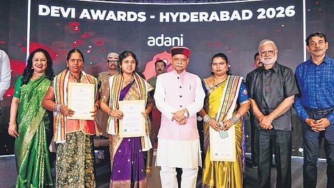 Governor Shiv Pratap Shukla, Special Chief Secretary Jayesh Ranjan, GHMC Commissioner RV Karnan, TNIE Editorial Director Prabhu Chawla and TNIE CEO Lakshmi Menon with special awardees Nenavathi Somi (sanitation worker), Begari Kaveri (SHG member) and A Durgeshwari (ASHA worker) at the Devi Awards ceremony at ITC Kakatiya in Hyderabad on Friday 