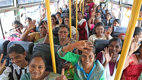 Tiruchy, Tamil Nadu: Women traveled free of cost on an inter-city government bus under the Vettri Payanam scheme at the Chathiram.