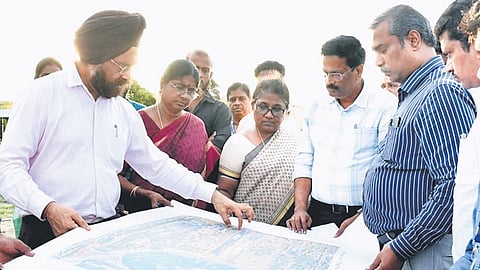 Water Supply Dept secretary Gagandeep Singh Bedi inspecting a site on Friday