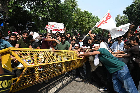 Students protest against CEC Gyanesh Kumar near Jantar Mantar, New Delhi, on October 14, 2026.