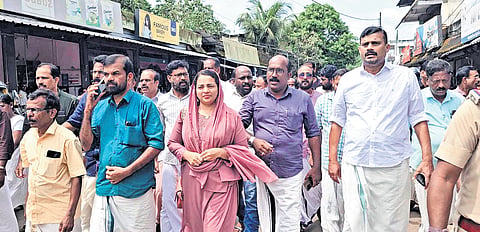CPM leaders and the party’s Anakkara panchayat members taking out a march after winning the no-confidence motion against the panchayat president on Friday