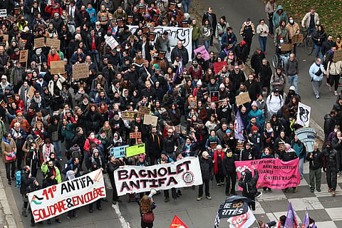 Protesters take part in a demonstration "against racism, fascism and imperialism" on the sidelines of the Congress of the Far-right party Rassemblement National (RN), in Orleans, central France on October 24, 2026.